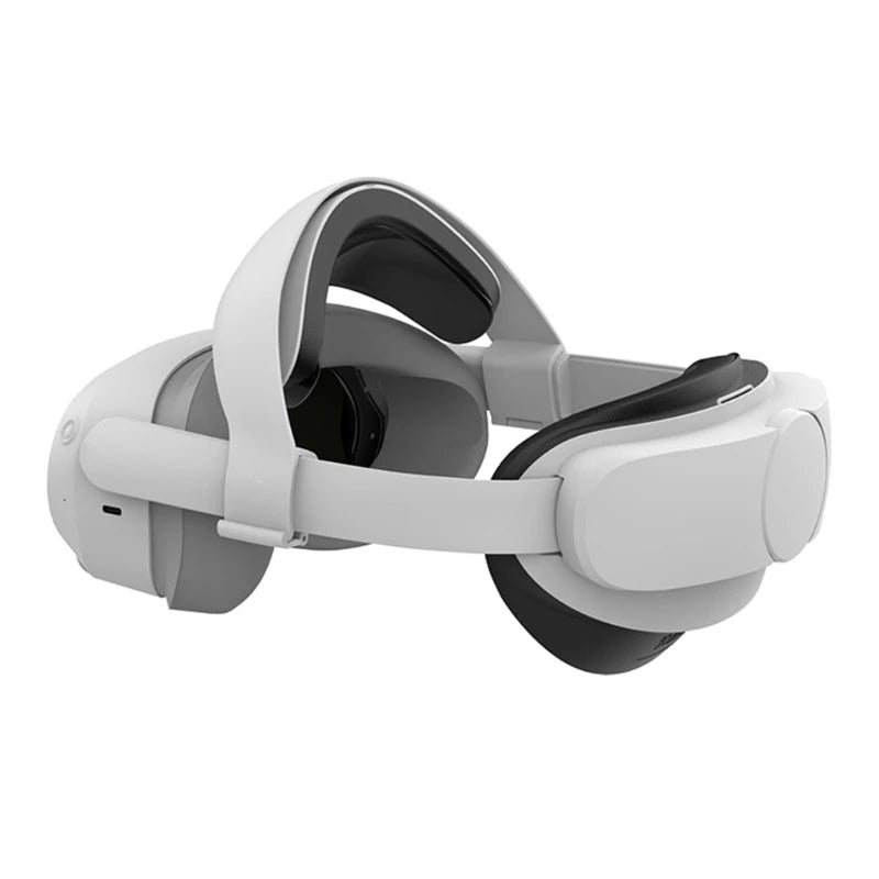 White ergonomic VR head strap with black cushioned padding and an adjustable dial for a secure, comfortable fit.
