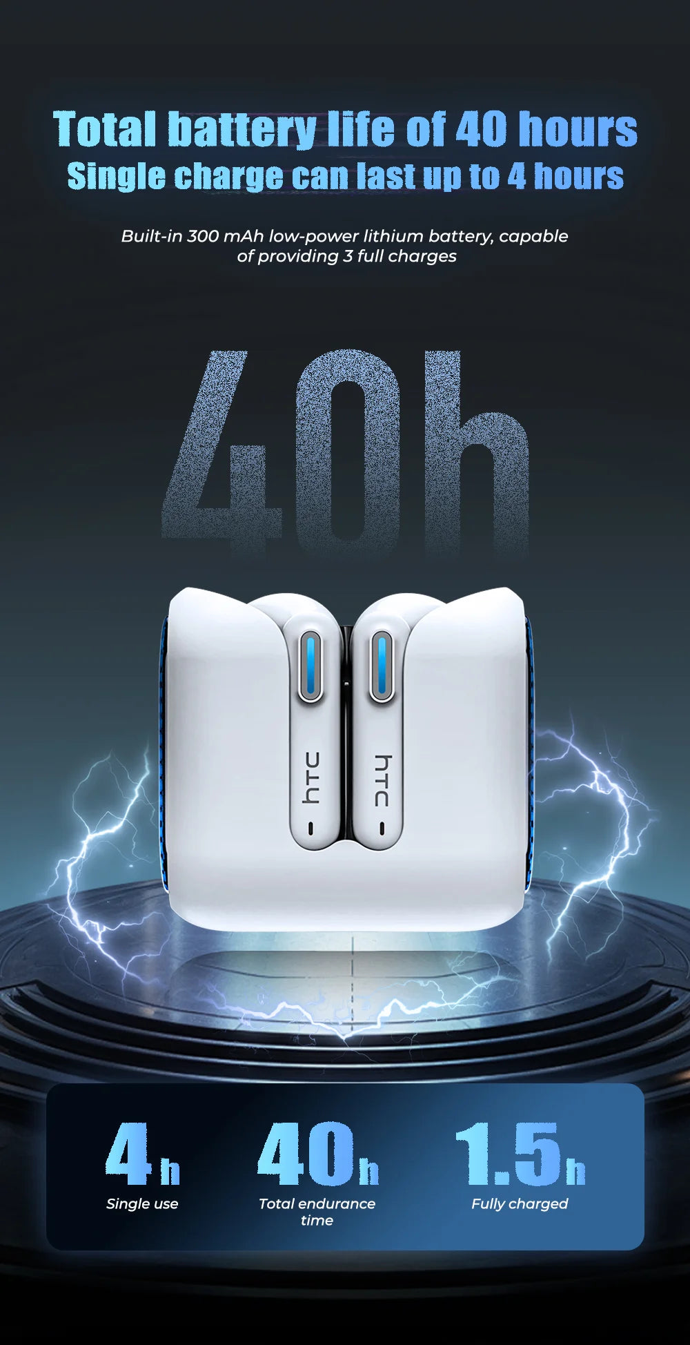White wireless earbuds in a compact charging case with blue LED accent lighting against a dark background.