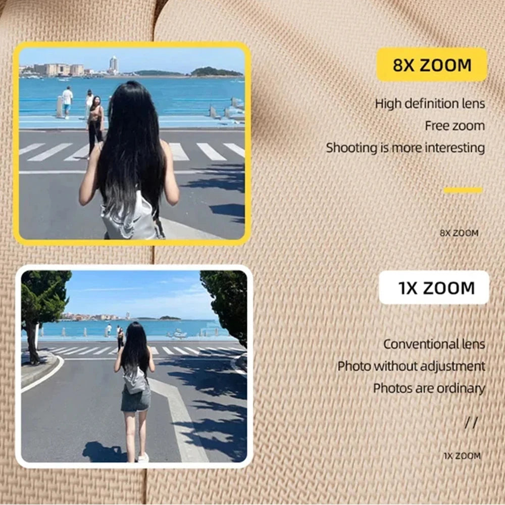 Comparison showing an 8x zoom lens versus a 1x standard lens on a beige, textured background.