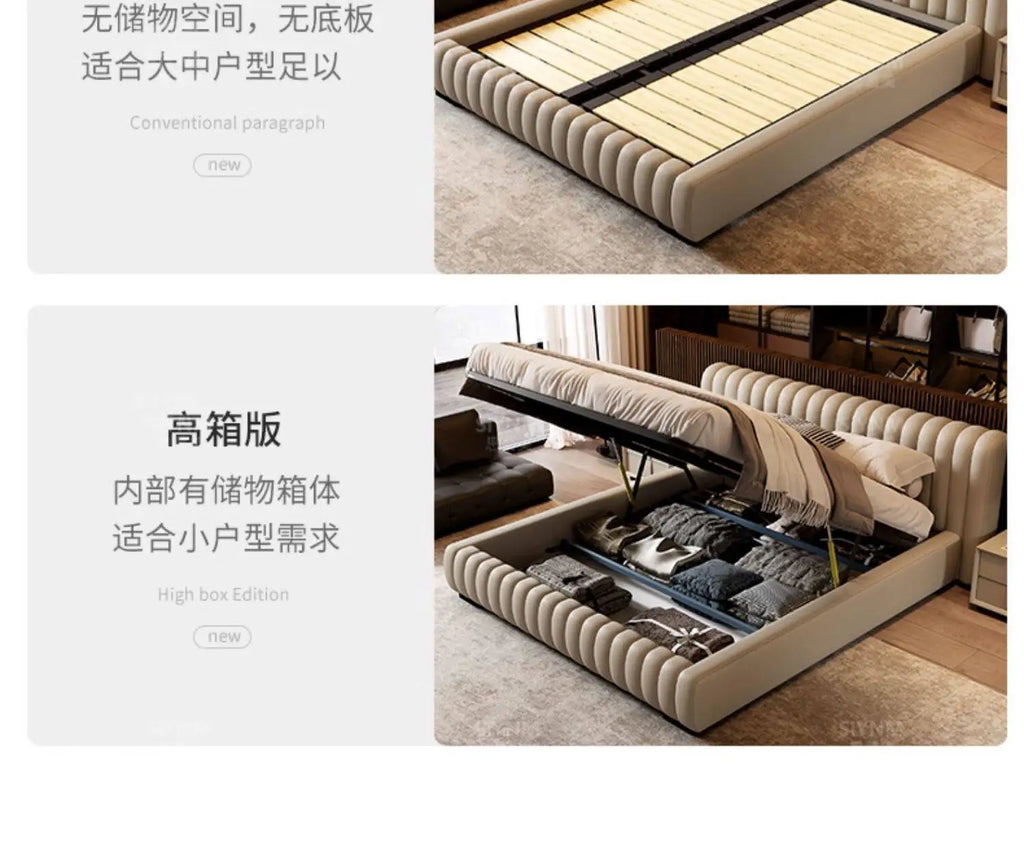 Modern cream bed frame with a fluted, upholstered design featuring a gas-lift storage base for under-bed organisation.