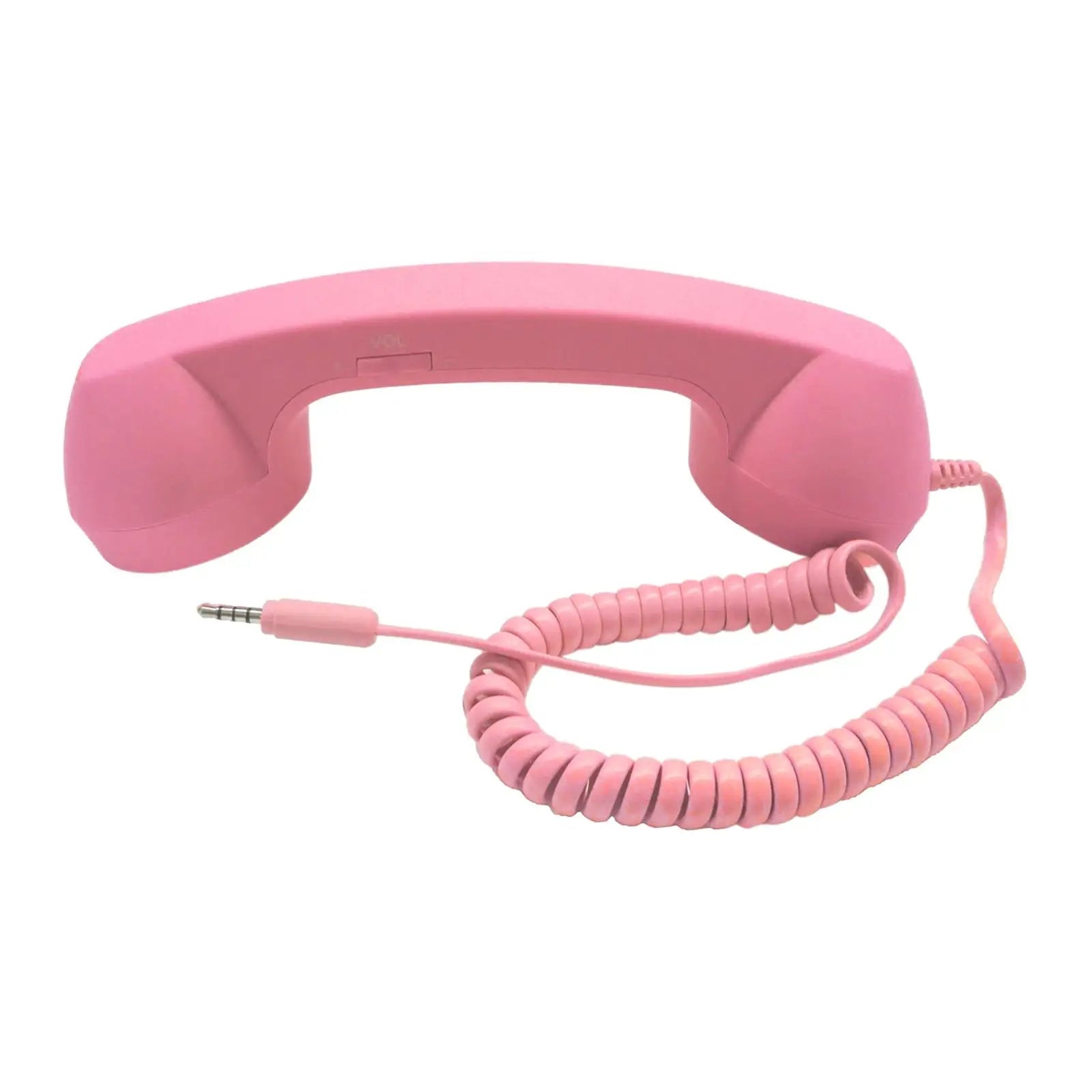 Retro-style pink telephone handset with a coiled cord and 3.5mm jack for mobile devices.