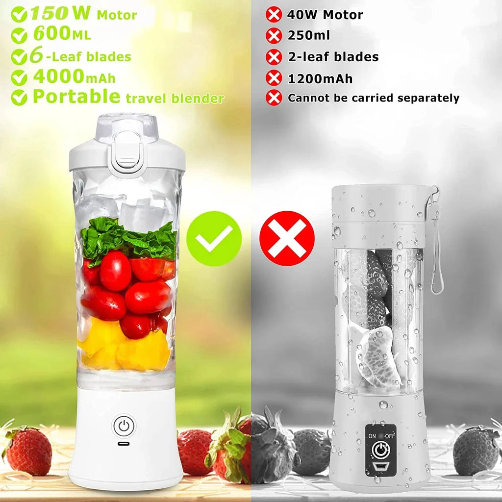 White portable travel blender comparing a high-capacity model with fruit to a smaller, less powerful version.