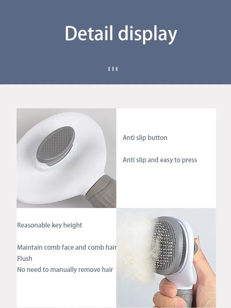 White and grey self-cleaning pet grooming brush with an anti-slip press button for easy hair removal.
