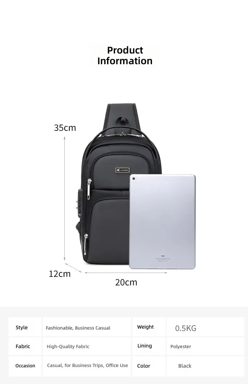 Black waterproof anti-theft sling bag with a password lock, showing dimensions and a tablet for scale.