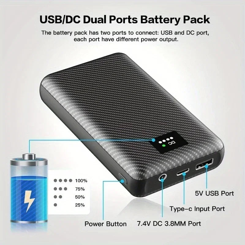Black carbon-fibre style 40000mAh power bank for heated clothing with LED display, USB and DC ports, and power button.