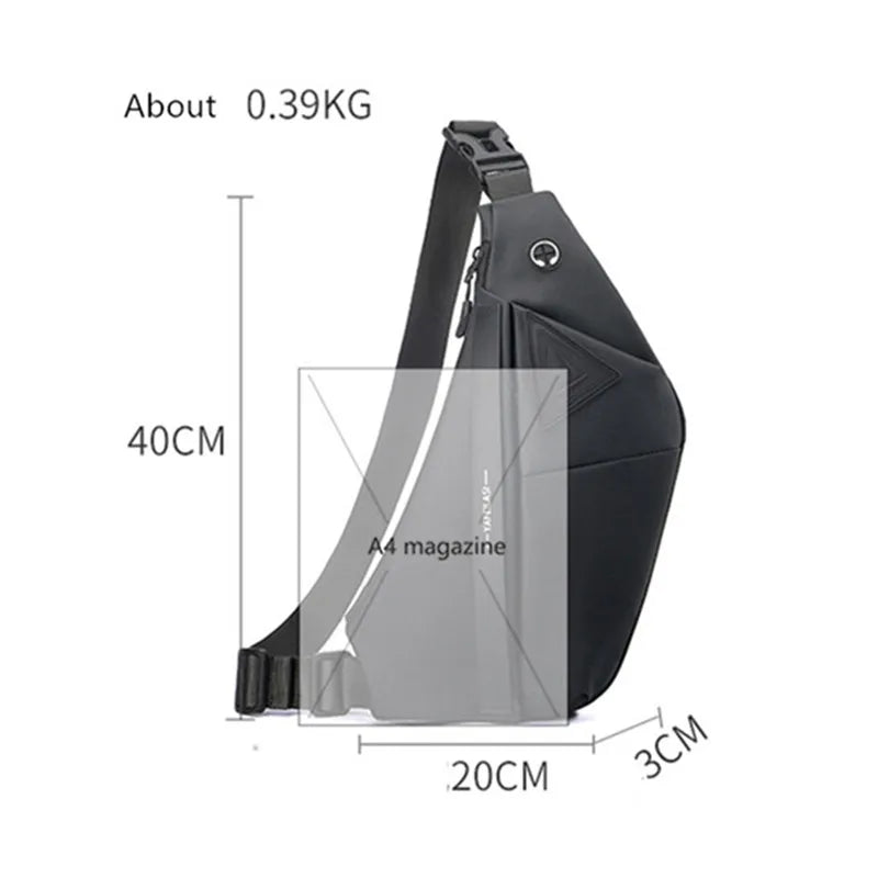 Black anti-theft crossbody sling bag, 40cm tall, slim profile, with adjustable strap and headphone port.