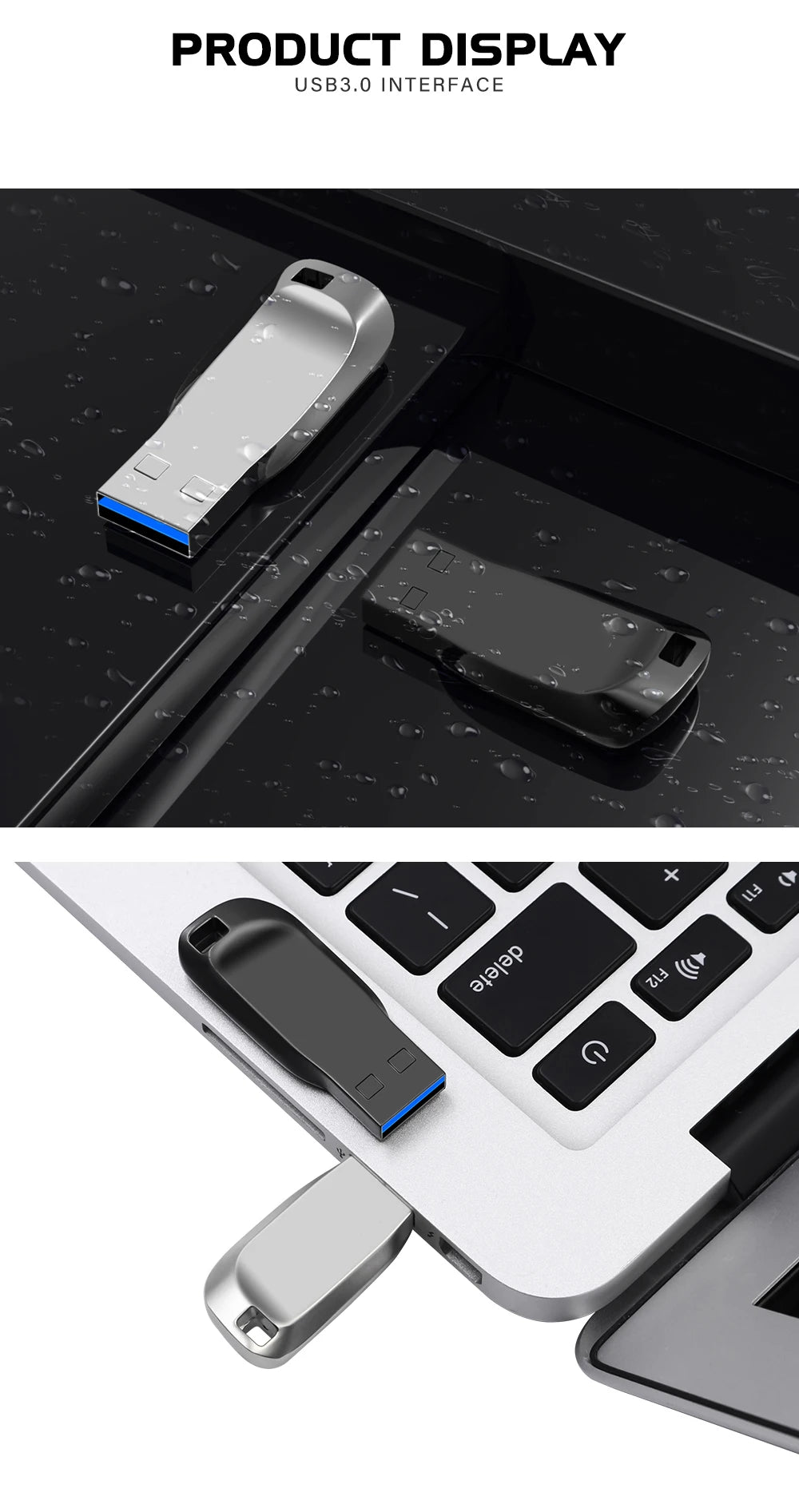 Sleek silver and black metal USB 3.0 flash drives with blue connectors, shown on a laptop keyboard.