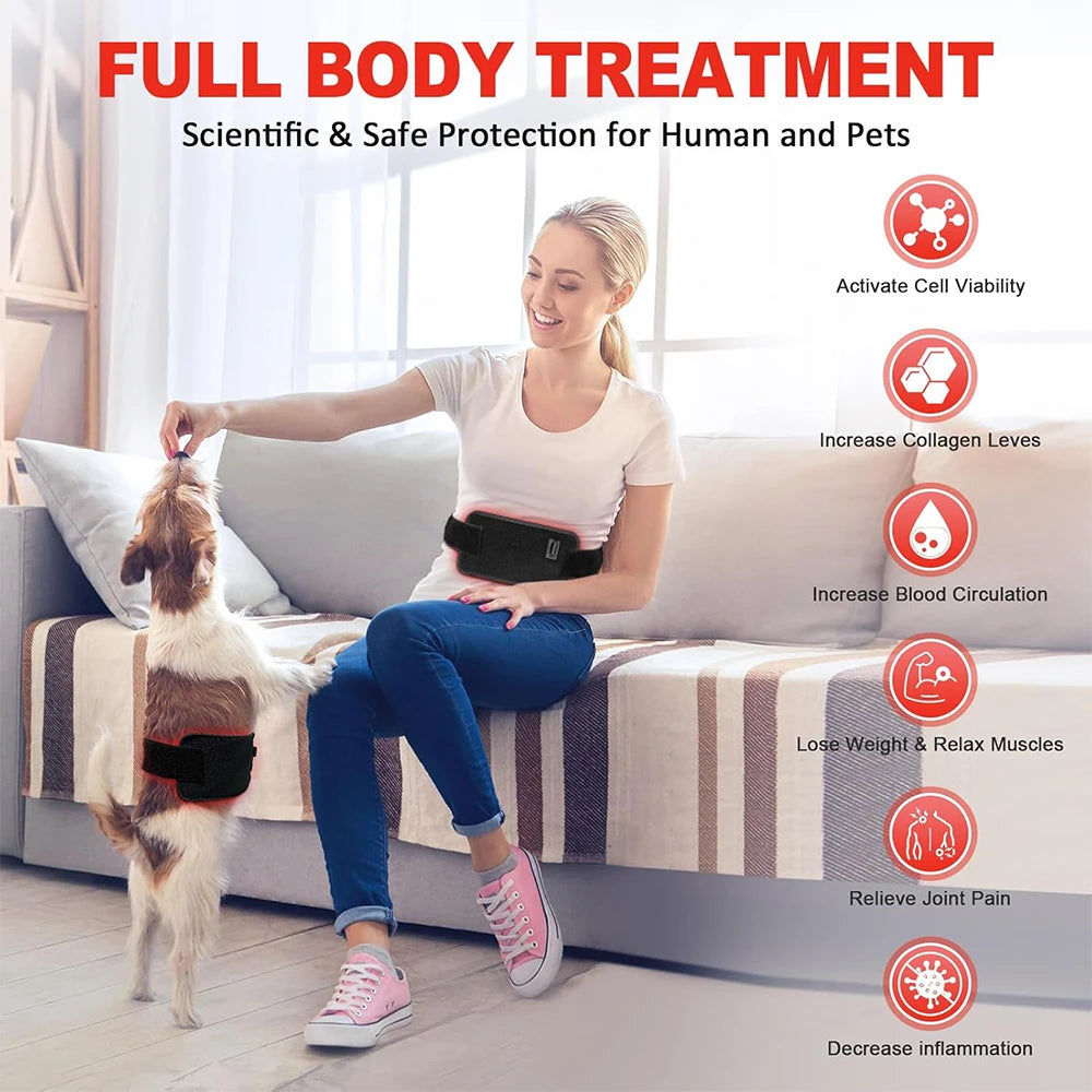 Woman and dog wearing black red light therapy wraps around their waists on a sofa.