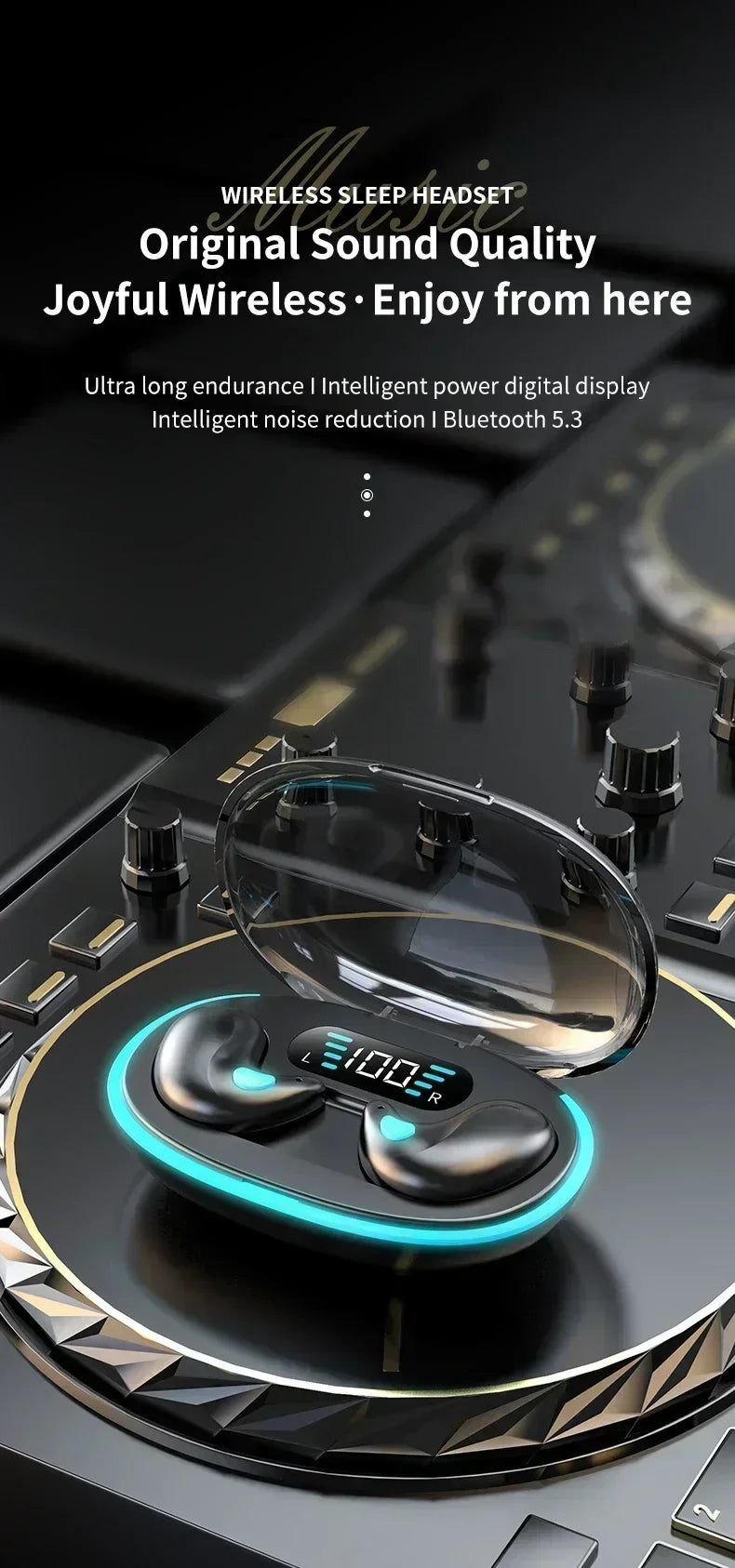 Black wireless sleep earbuds in a transparent charging case with a digital battery display and glowing blue light ring.