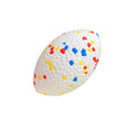 Oval, white, textured dog chew toy featuring a colourful confetti-style pattern of red, blue, and yellow spots.
