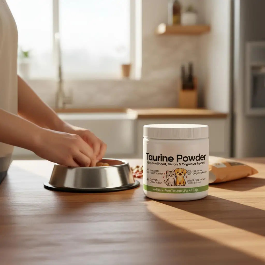 White tub of taurine powder for pets, featuring cat and dog illustrations, sitting on a kitchen table.