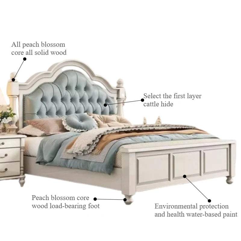 Off-white solid wood double bed frame featuring an arched, tufted sage green leather headboard.