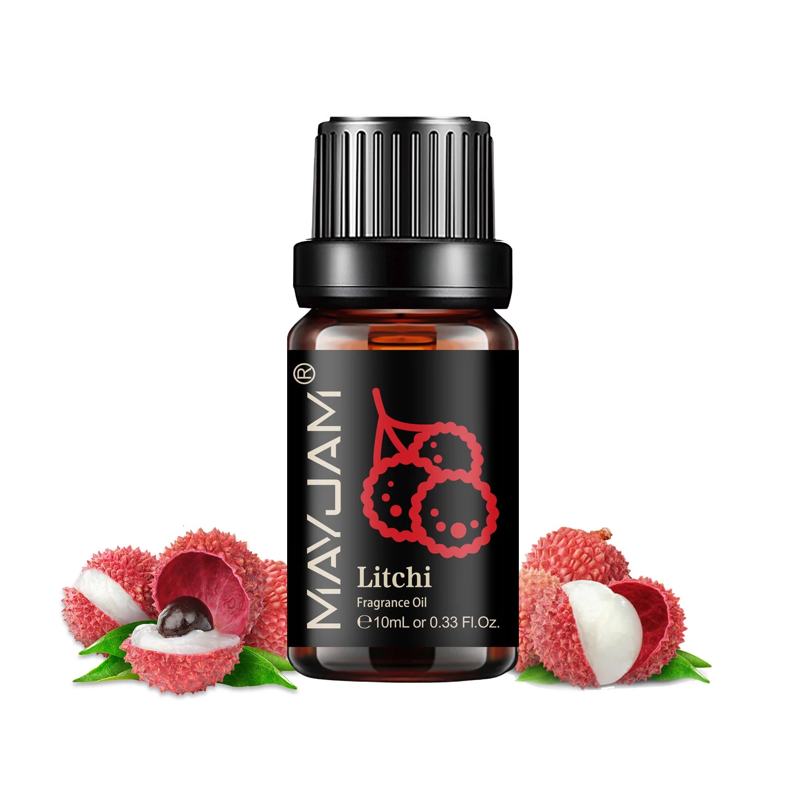 A 10ml amber glass bottle of Litchi fragrance oil with a black cap, displayed next to fresh lychee fruits.