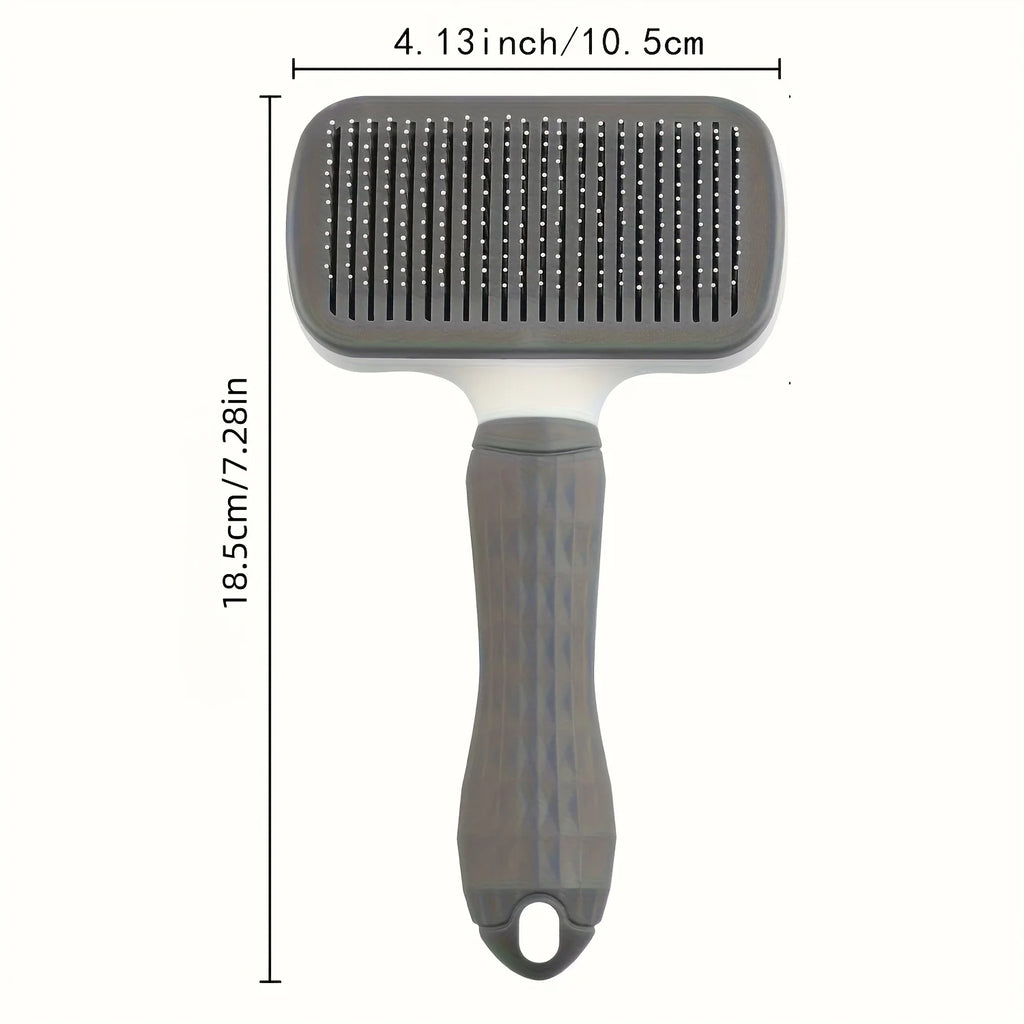 Grey pet slicker brush with fine metal pins and a textured handle, showing size measurements in inches and cm.