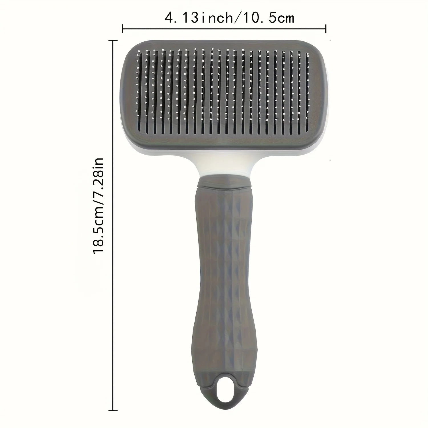 Grey pet slicker brush with fine metal pins and a textured handle, showing size measurements in inches and cm.