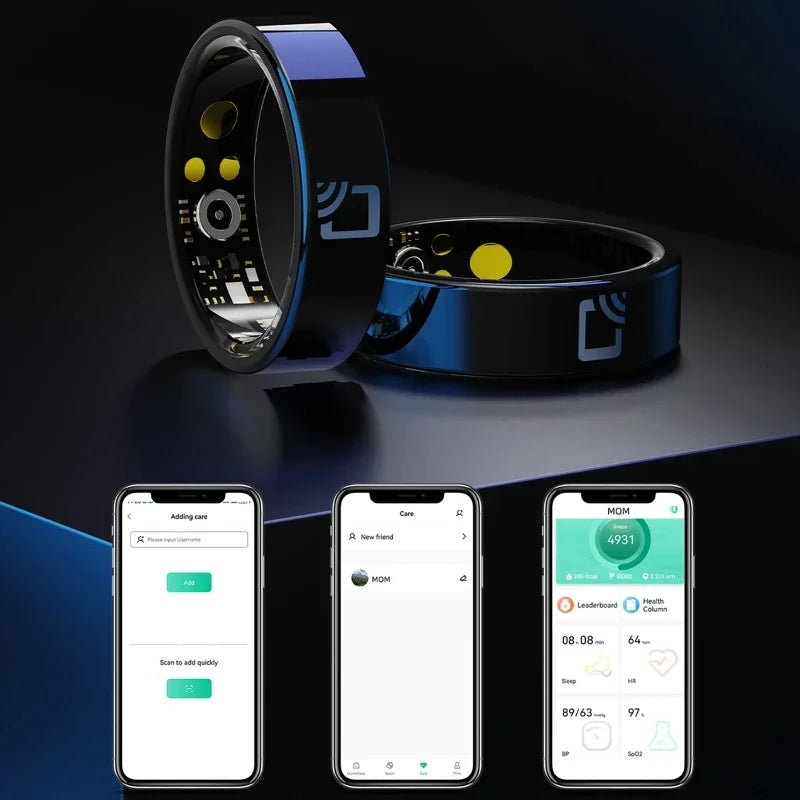 Sleek black NFC smart ring with health tracking sensors, displayed alongside a mobile app showing health data statistics.