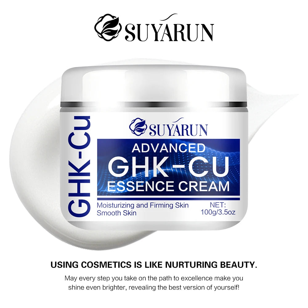 White jar of GHK-Cu advanced essence cream, 100g, designed for moisturizing and firming skin for a smooth look.