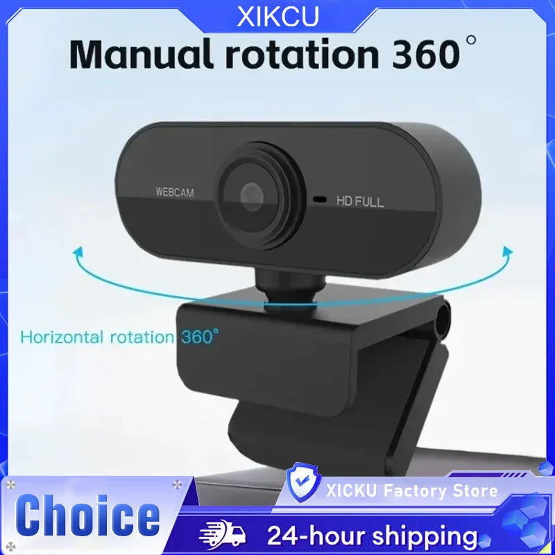 Black 1080p HD webcam with a flexible mounting clip, showing 360-degree manual rotation capability.