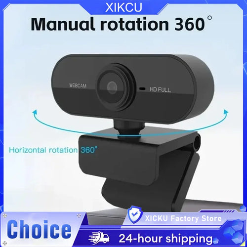 Black 1080p HD webcam with a flexible mounting clip, showing 360-degree manual rotation capability.