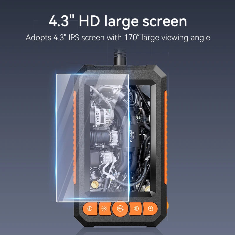 Black and orange industrial inspection camera with a 4.3-inch HD screen showing a clear engine interior.