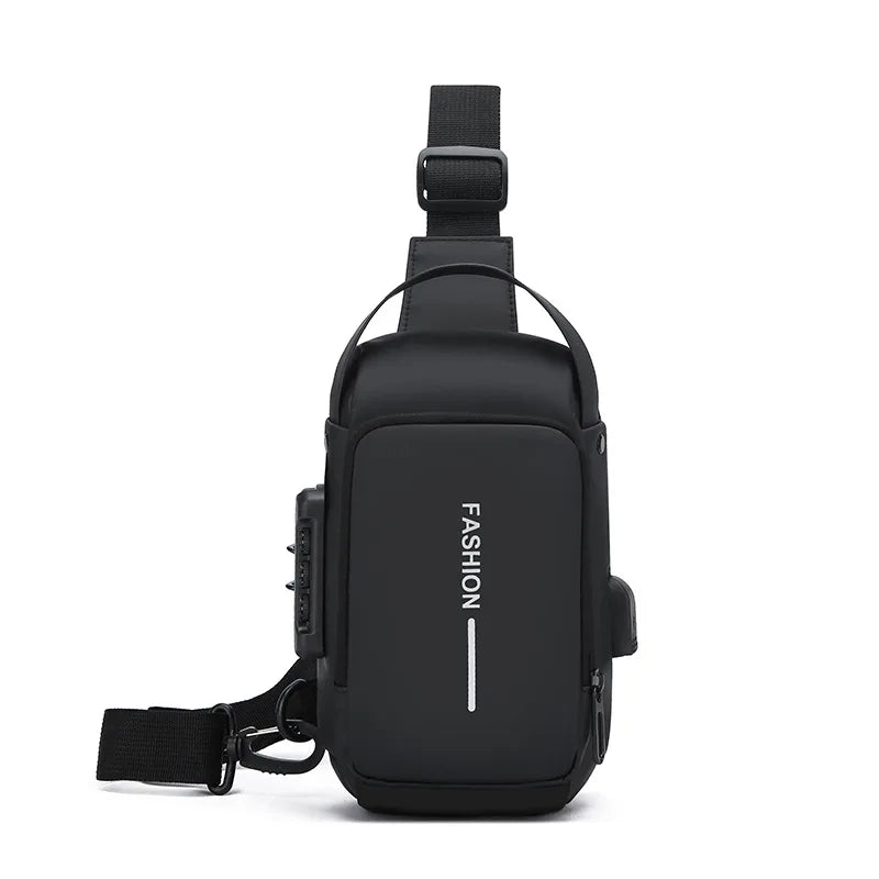 Black anti-theft crossbody sling bag with a built-in USB charging port and an adjustable shoulder strap.