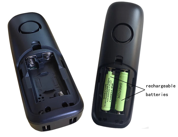 Two black handheld remote controls, one empty and one showing two light green rechargeable AAA batteries inserted.
