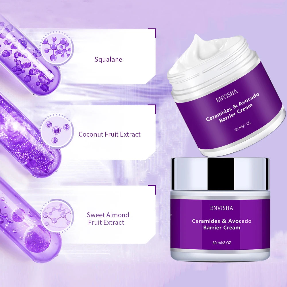 Ceramides & Avocado barrier cream in purple jars, featuring squalane, coconut, and sweet almond fruit extracts.