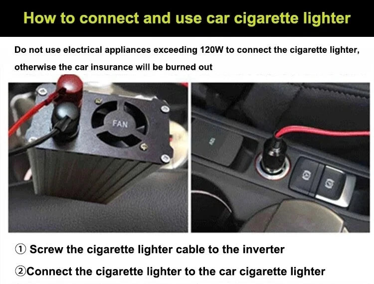 Black metallic power inverter with cooling fan, showing connection steps for a car cigarette lighter cable.