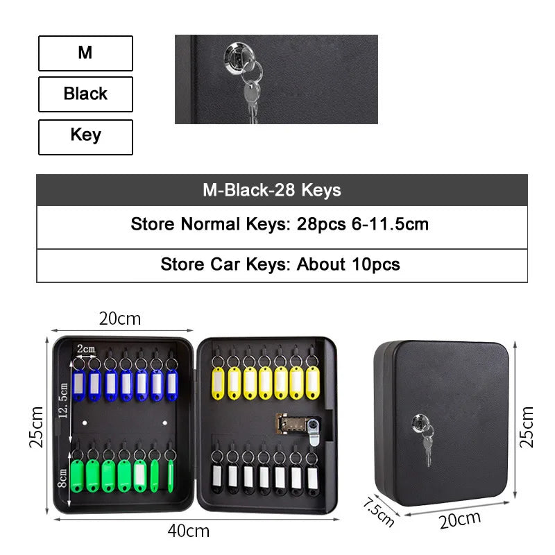 Black metal key cabinet with 28 key hooks, locking mechanism, and measurements labeled as 20x25x7.5cm.