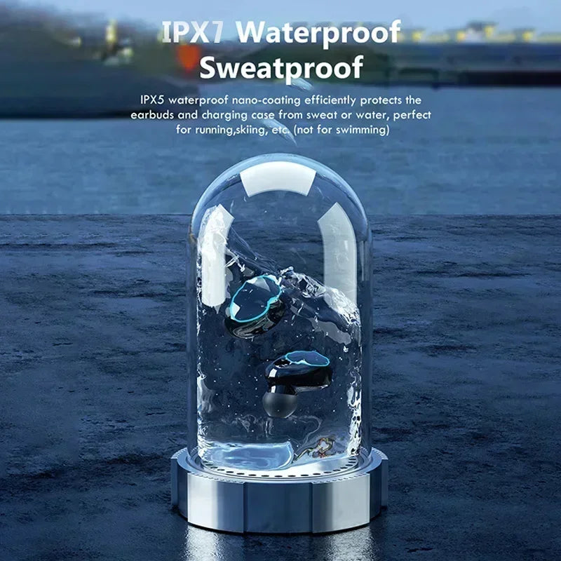Black wireless earbuds with blue LED accents inside a transparent, water-filled dome display case.