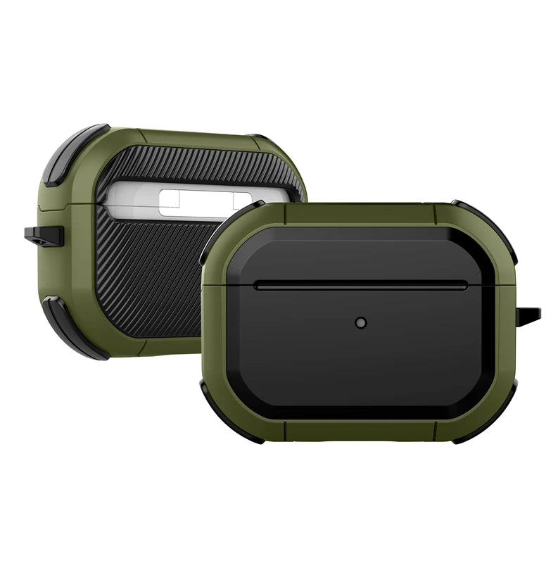 Rugged olive green and black protective case for AirPods Pro, featuring a textured design.