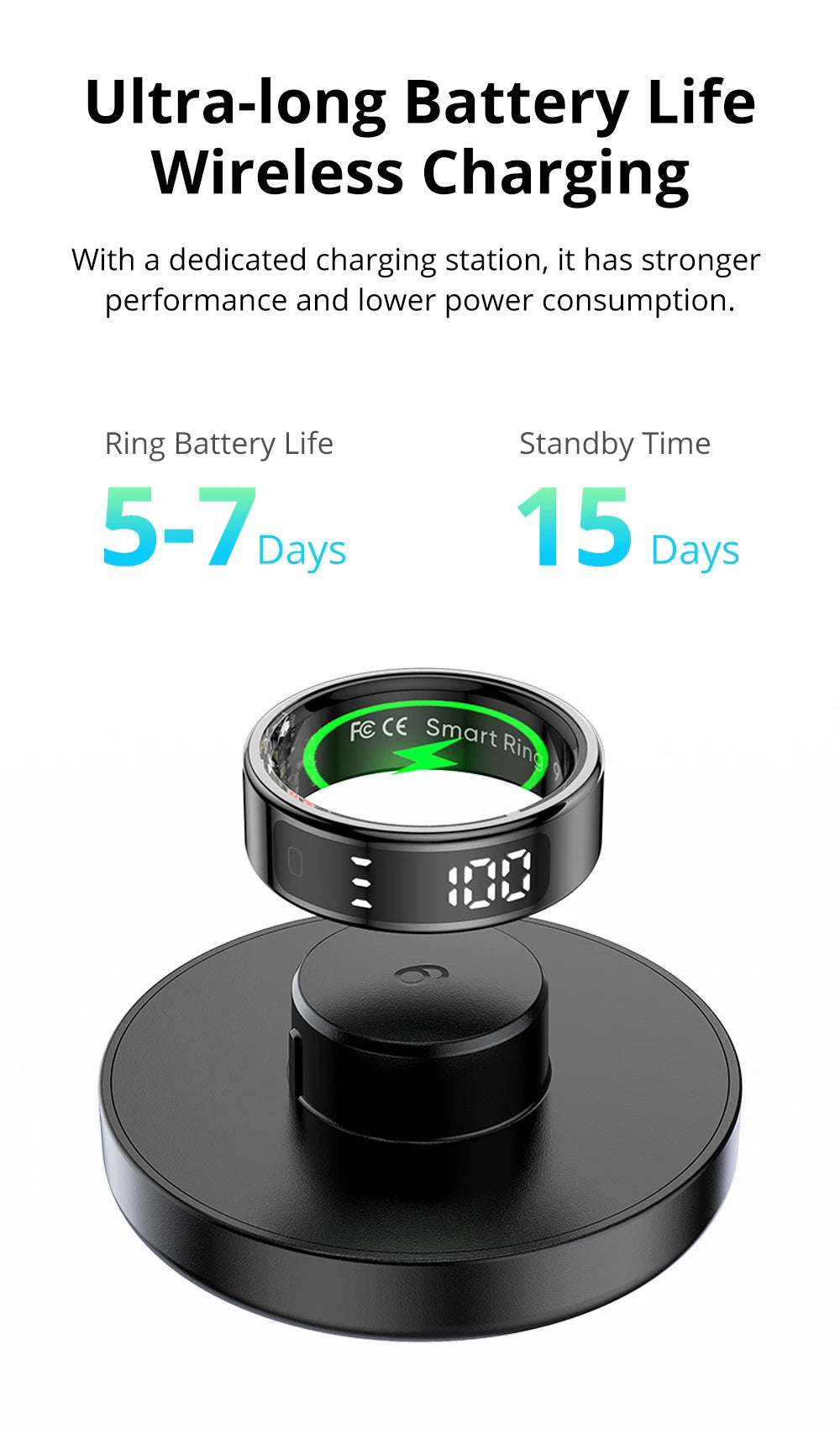 Sleek black smart ring with a digital display, sitting on a matching wireless charging base.