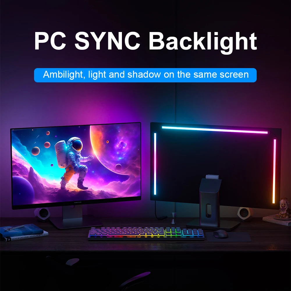 Multi-coloured LED light strip attached to the back of a computer monitor, syncing vivid colours with on-screen content.