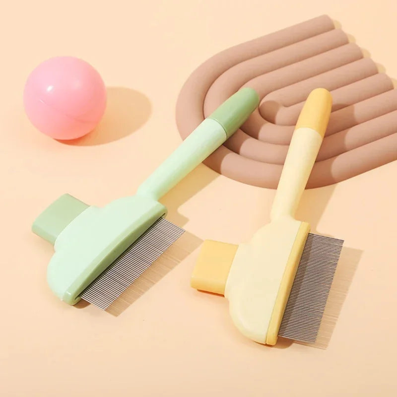 Two pastel pet grooming combs—one mint green, one pale yellow—featuring fine metal teeth on a peach background.