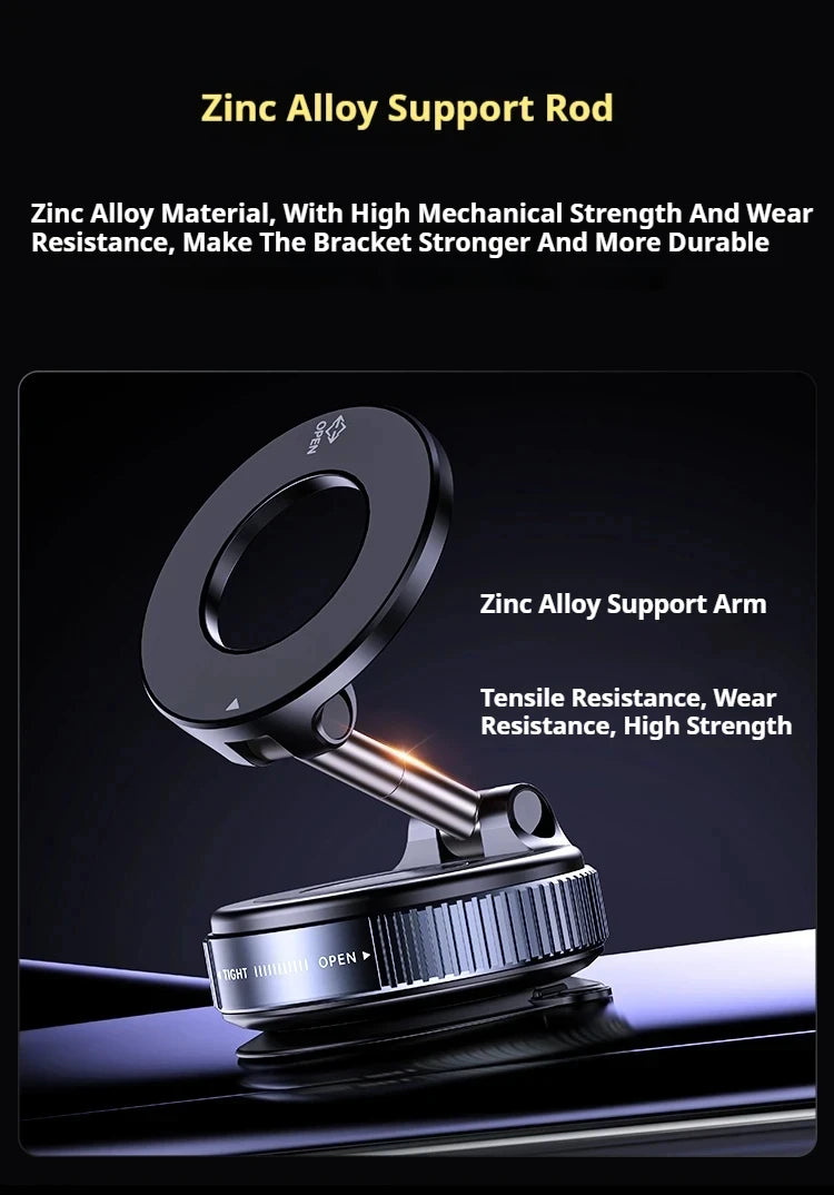 A black, metallic zinc alloy phone mount with a round magnetic head, adjustable support arm, and a rotating base.