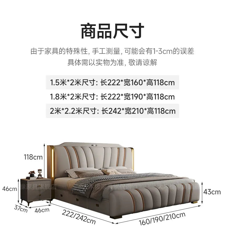 Luxury grey upholstered French-style bed featuring a channeled headboard with built-in gold-accented LED lighting.