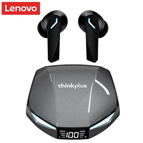Black wireless gaming earbuds with blue LED accents and a matching grey charging case with a digital battery display.