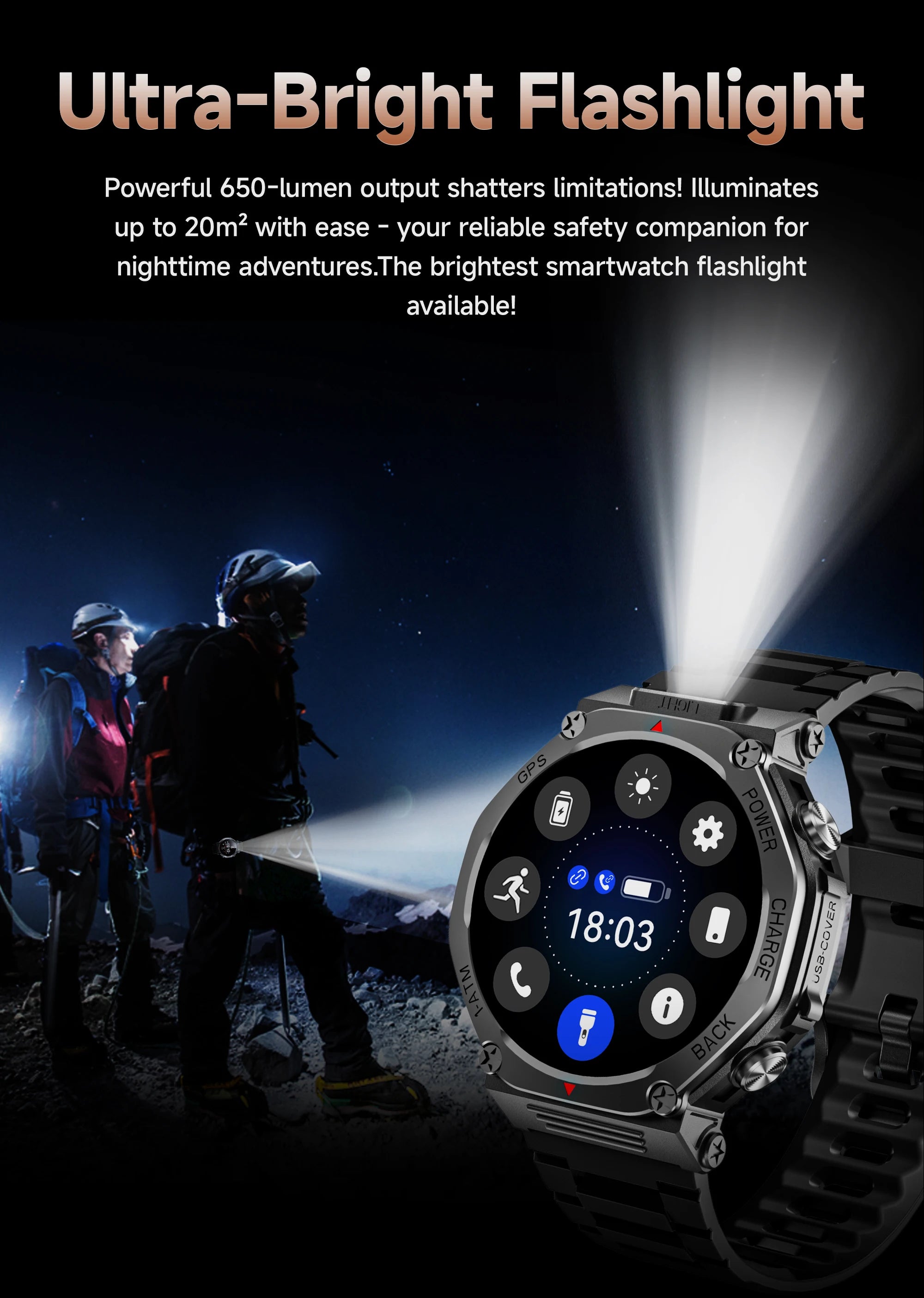 Rugged dark grey smartwatch with a bright integrated flashlight, GPS, and touchscreen interface, shown in a night scene.
