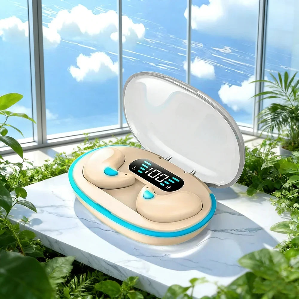 Beige wireless earbuds in a charging case with a digital battery display and bright cyan accent trim.