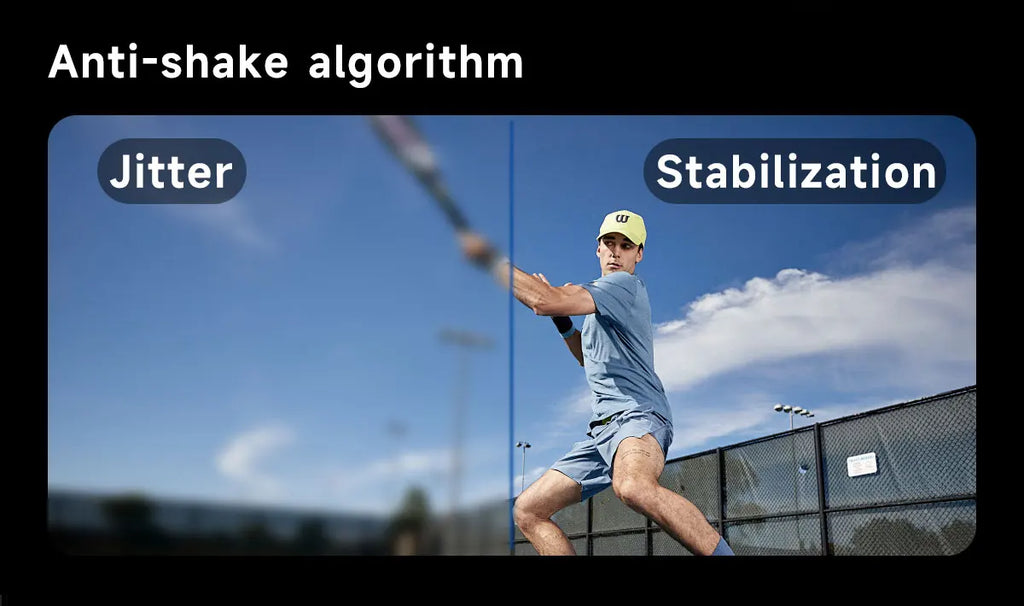A split screen showing a blurry tennis player vs a clear, stabilised image captured by smart glasses.