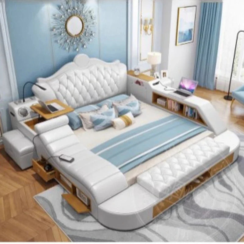 Modern white upholstered double bed with a tufted headboard, integrated storage shelves, drawers, and bedside tables.