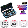 Black wireless earbuds in a charging case with a digital battery display, plus extra ear tips, USB cable, and manual.