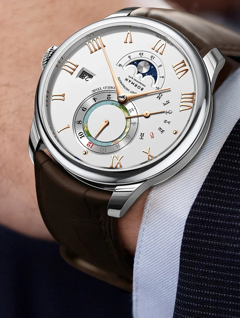 Men's mechanical watch with a white dial, rose gold Roman numerals, moon phase, world time sub-dial, and brown strap.