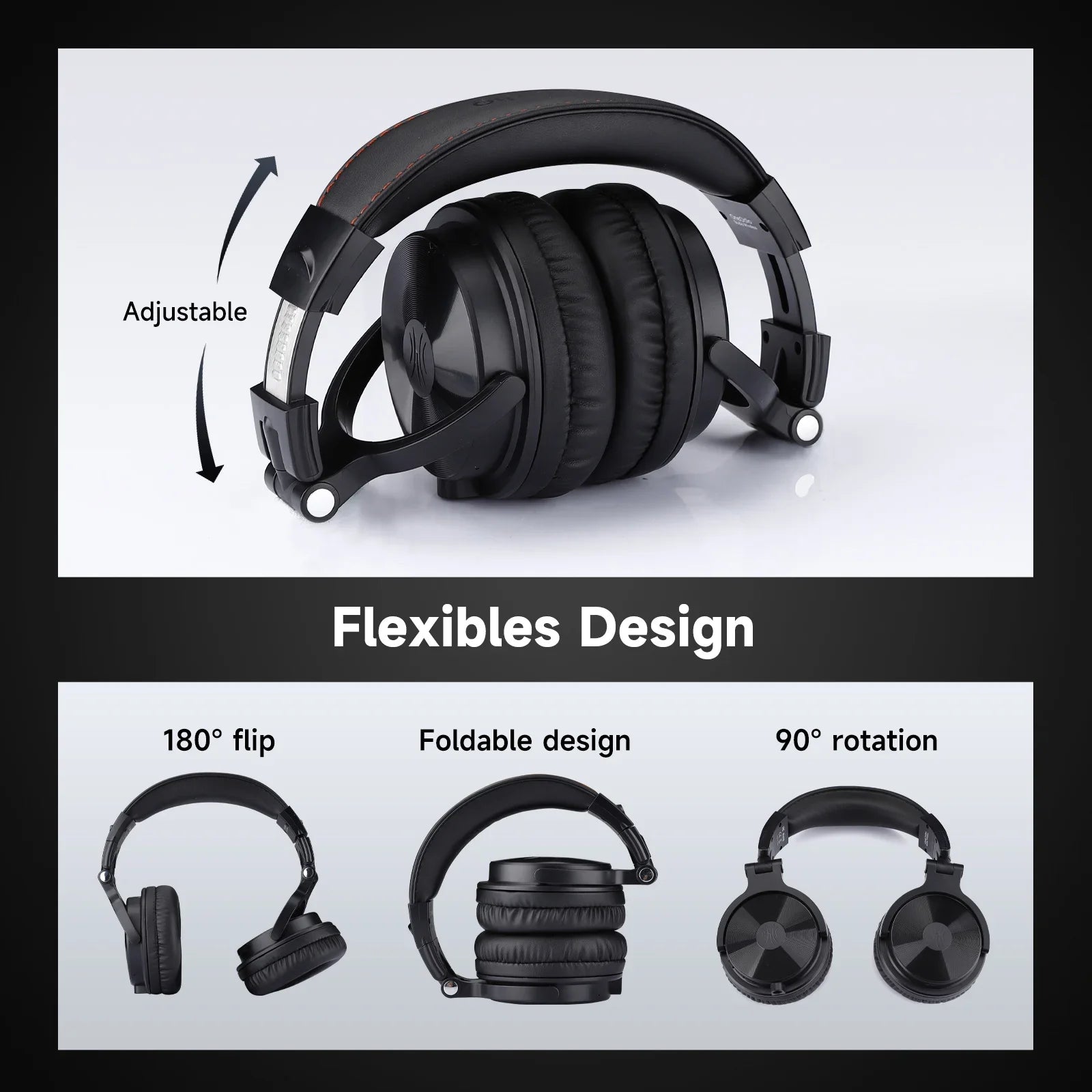 Black wireless over-ear headphones with a flexible, foldable design, featuring 180° flip and 90° rotation capabilities.