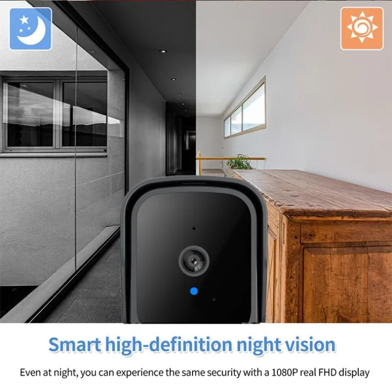 Sleek black wireless smart video doorbell with 1080p HD night vision display.