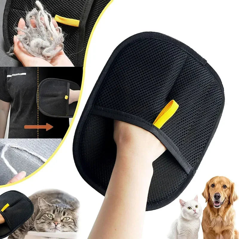 Black mesh pet hair remover mitt with a yellow strap, shown removing fur from clothes, upholstery, and pets.