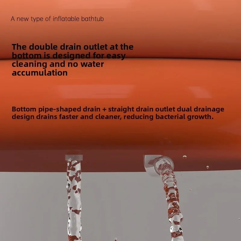 An orange inflatable bathtub with text highlighting its double drain outlet at the bottom.