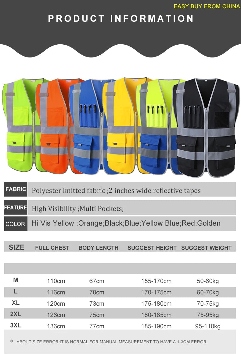A line-up of multi-pocket safety work vests in various colours, all featuring reflective strips and a zip-front design.