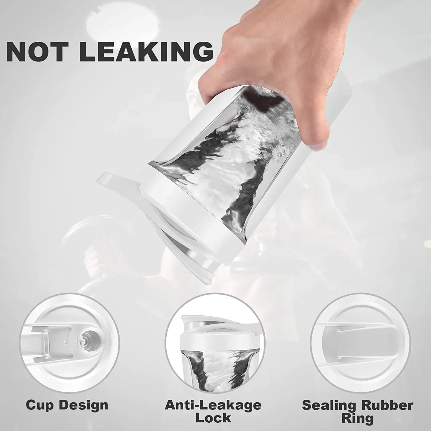 Hand holding a white, leak-proof shaker bottle with clear sections and a secure locking lid design.