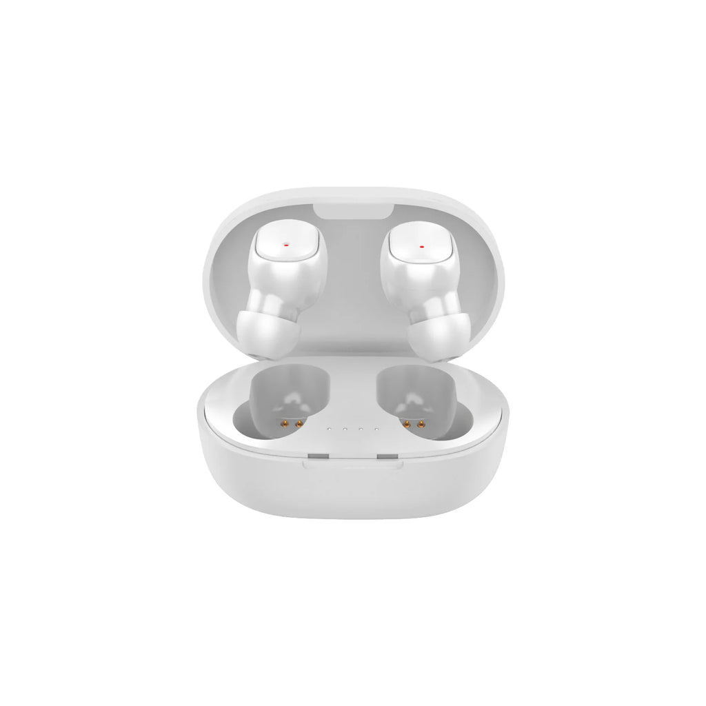White wireless earbuds in a matching open charging case with small indicator lights.